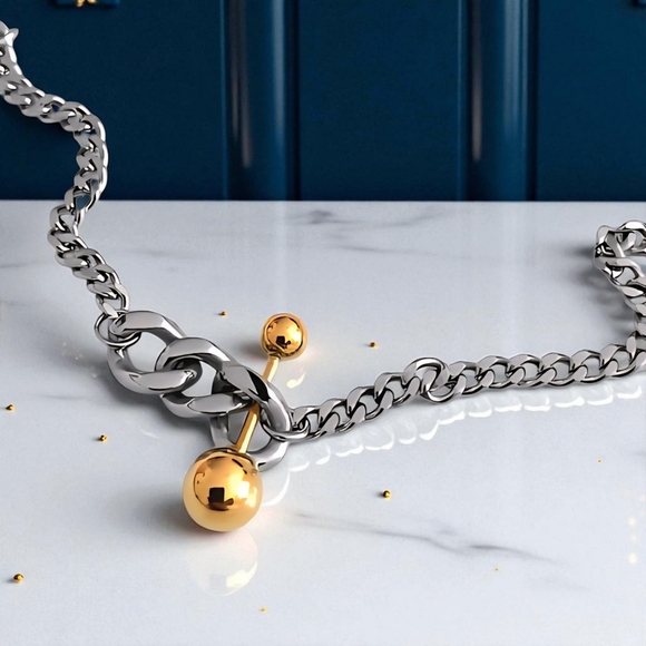 🆕️Two Tone 18K Gold Plated Stainless Steel Chain Necklace with Gold Ball Bar ✨ - Picture 11 of 11